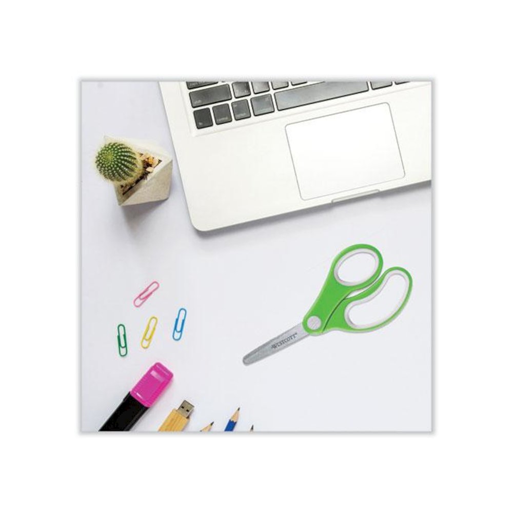 Soft Handle Kids Scissors, Rounded Tip, 5" Long, 1.75" Cut Length, Straight Assorted Color Handles, 12/Pack. Picture 5