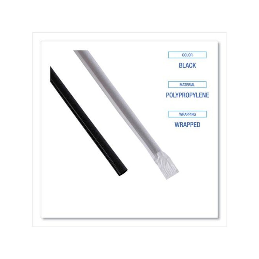 Wrapped Jumbo Straws, 7.75", Polypropylene, Black, 250/Pack, 50 Packs/Carton. Picture 4