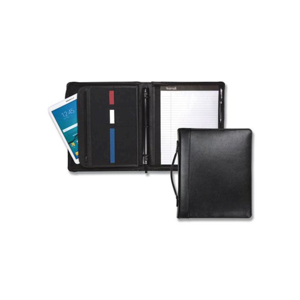 Leather Multi-Ring Zippered Portfolio, Two-Part, 1" Cap, 11 x 13 1/2, Black. Picture 1