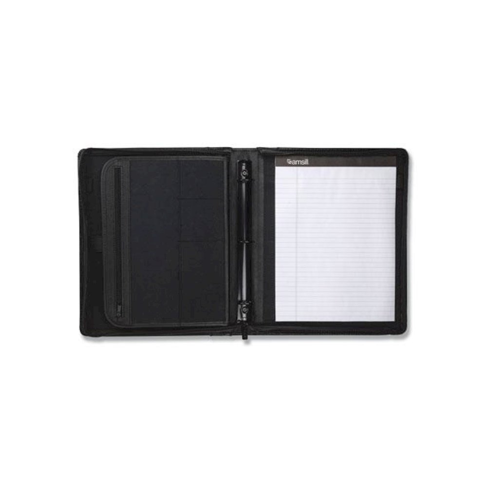 Leather Multi-Ring Zippered Portfolio, Two-Part, 1" Cap, 11 x 13 1/2, Black. Picture 6
