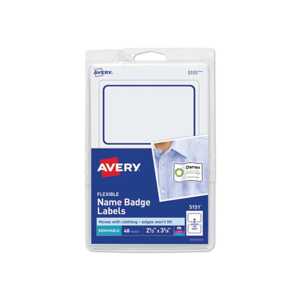 Flexible Adhesive Name Badge Labels, 3.38 x 2.33, White/Blue Border, 40/Pack. Picture 1