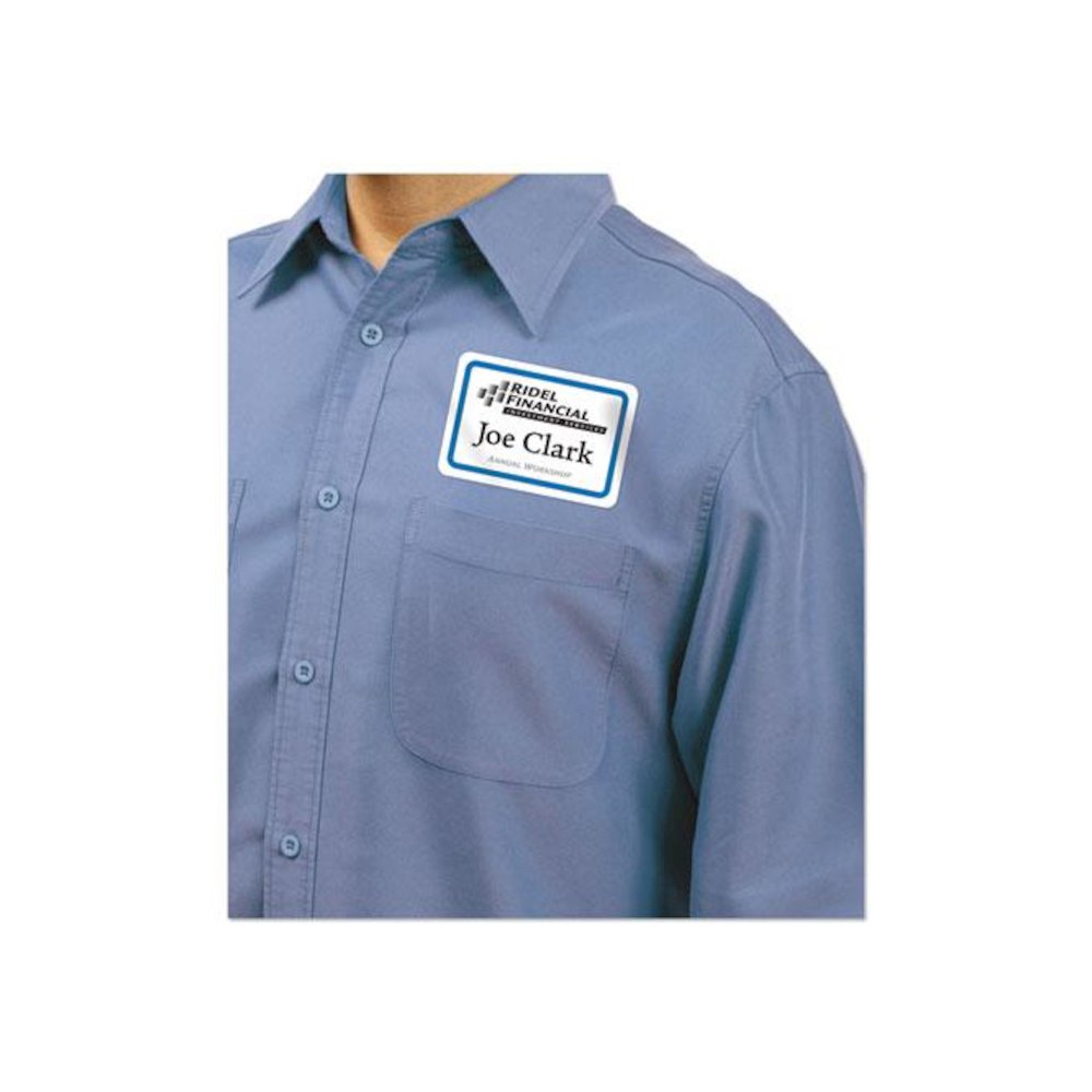 Flexible Adhesive Name Badge Labels, 3.38 x 2.33, White/Blue Border, 40/Pack. Picture 4