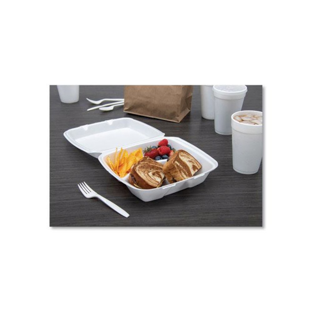 Foam Hinged Lid Containers, 3 Compartments, 8.38 x 7.78 x 3.25, 200/Carton. Picture 6