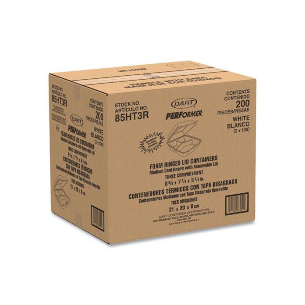Foam Hinged Lid Containers, 3 Compartments, 8.38 x 7.78 x 3.25, 200/Carton. Picture 5