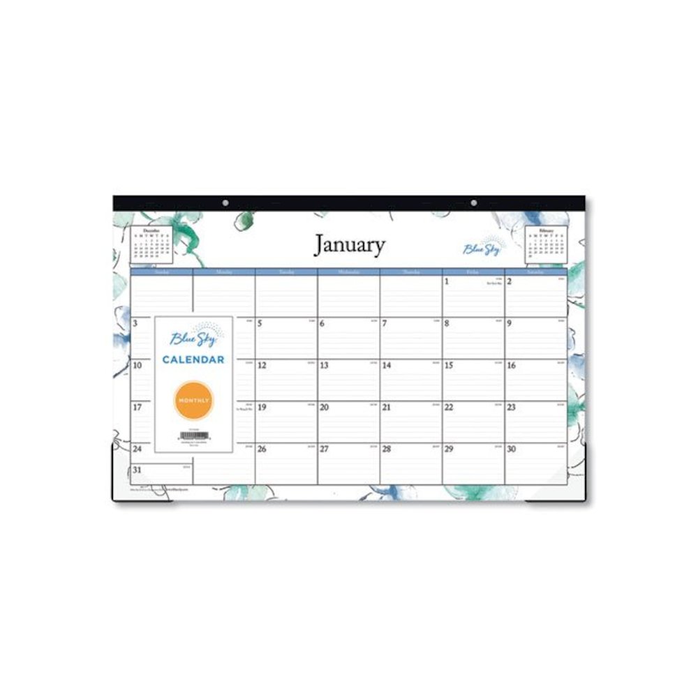Lindley Desk Pad, Floral Artwork, 17 x 11, White/Blue/Green Sheets, Black Binding, Clear Corners, 12-Month (Jan to Dec): 2026. Picture 1