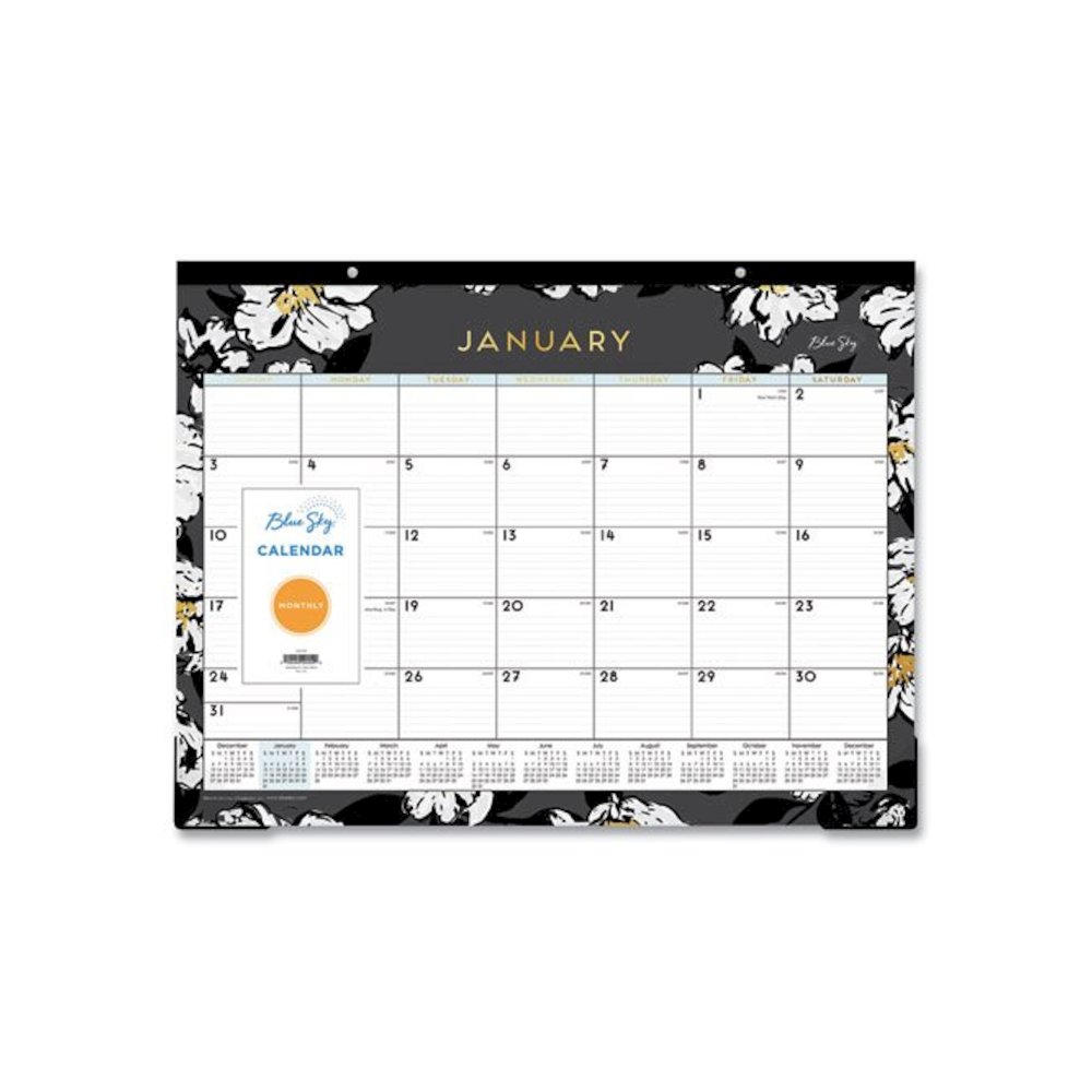 Baccara Dark Desk Pad, Floral Artwork, 22 x 17, White/Black/Gold Sheets, Black Binding, 12-Month (Jan to Dec): 2026. Picture 1