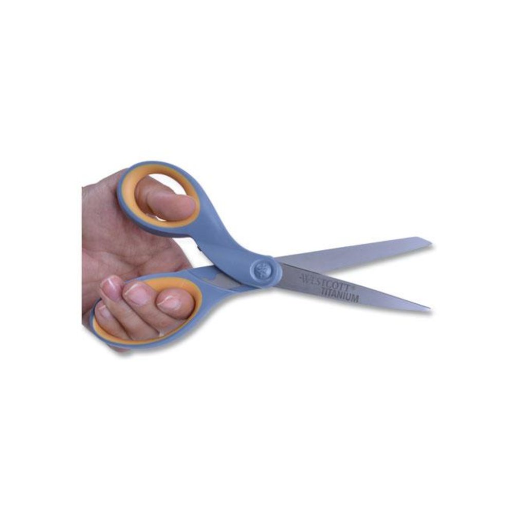 Titanium Bonded Scissors, Left Handed, 8" Long, 3.5" Cut Length, Straight Gray/Yellow Handle. Picture 4