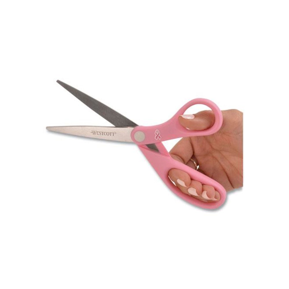 All Purpose Pink Ribbon Scissors, Breast Cancer Awareness, 8" Long, 3.5" Cut Length, Straight Pink Handle. Picture 3