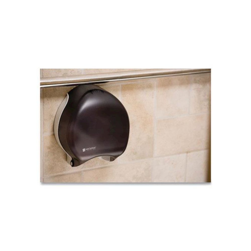 Single 9" Jumbo Bath Tissue Dispenser, Classic, 10.25 x 5.63 x 12, Transparent Black Pearl. Picture 6