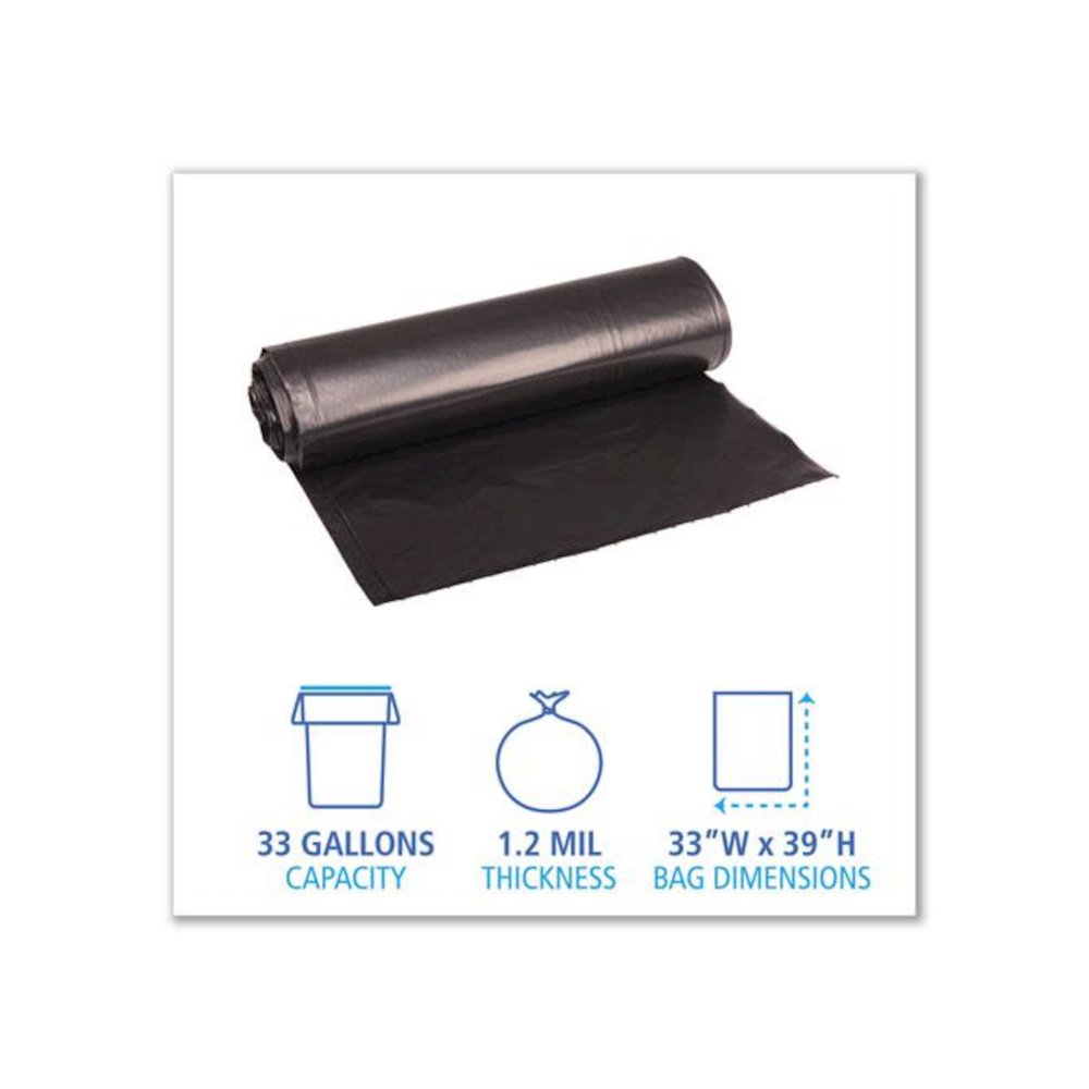 Recycled Low-Density Polyethylene Can Liners, 33 gal, 1.2 mil, 33" x 39", Black, Perforated, 10 Bags/Roll, 10 Rolls/Carton. Picture 2