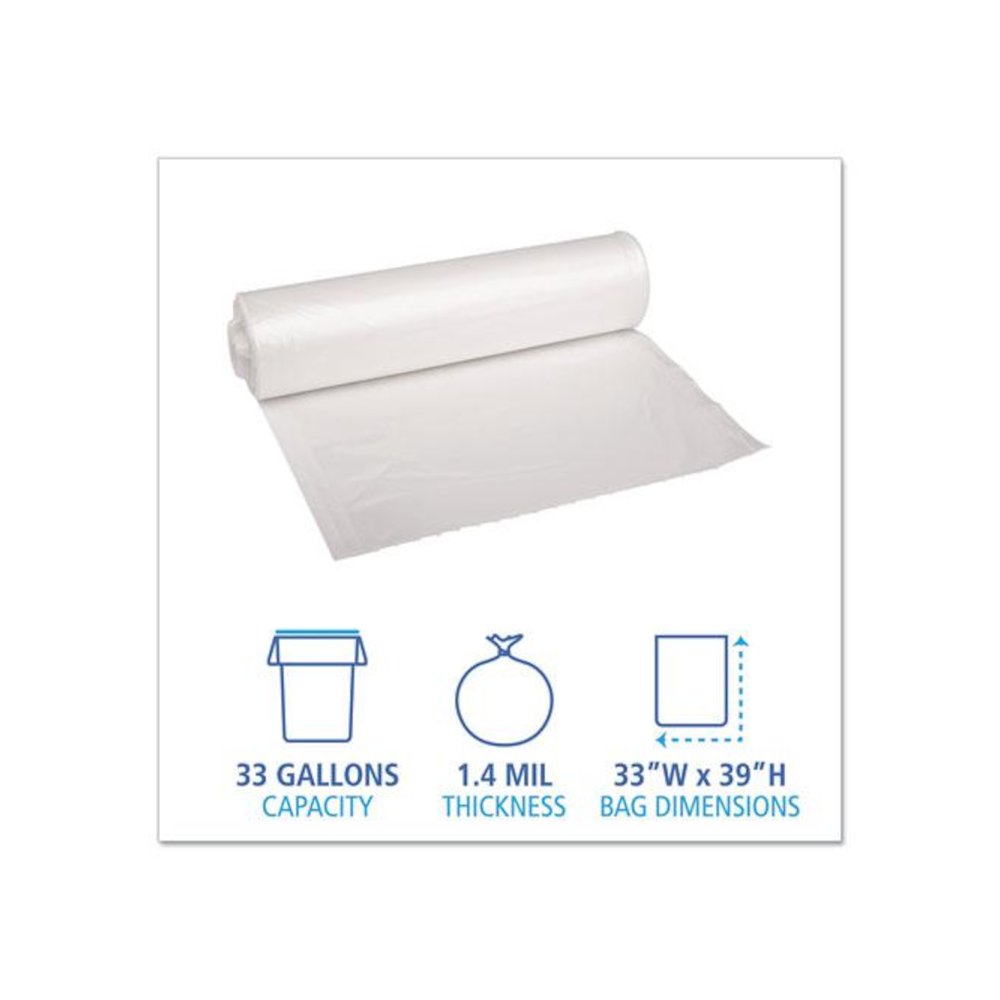 Recycled Low-Density Polyethylene Can Liners, 33 gal, 1.4 mil, 33" x 39", Clear, Perforated, 10 Bags/Roll, 10 Rolls/Carton. Picture 2