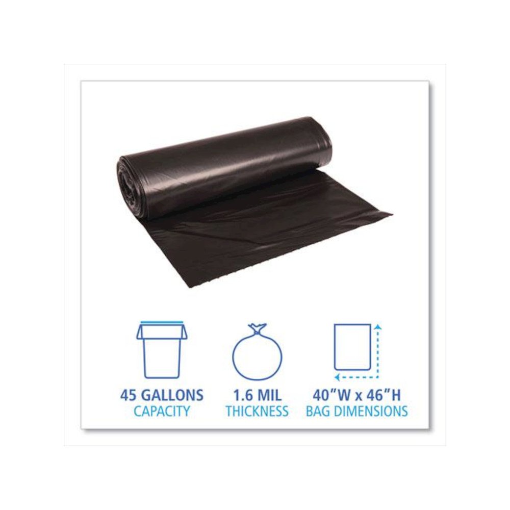 Recycled Low-Density Polyethylene Can Liners, 45 gal, 1.6 mil, 40" x 46", Black, Perforated, 10 Bags/Roll, 10 Rolls/Carton. Picture 2