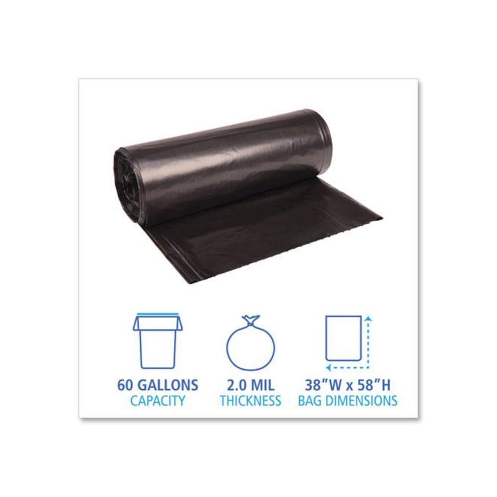 Recycled Low-Density Polyethylene Can Liners, 60 gal, 1.8 mil, 38" x 58", Black, Perforated, 10 Bags/Roll, 10 Rolls/Carton. Picture 2