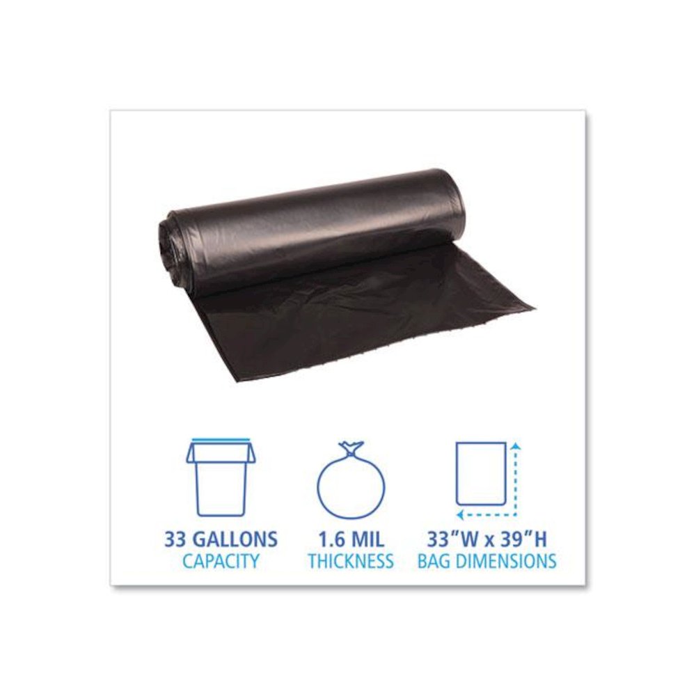 Recycled Low-Density Polyethylene Can Liners, 33 gal, 1.6 mil, 33" x 39", Black, Perforated, 10 Bags/Roll, 10 Rolls/Carton. Picture 2