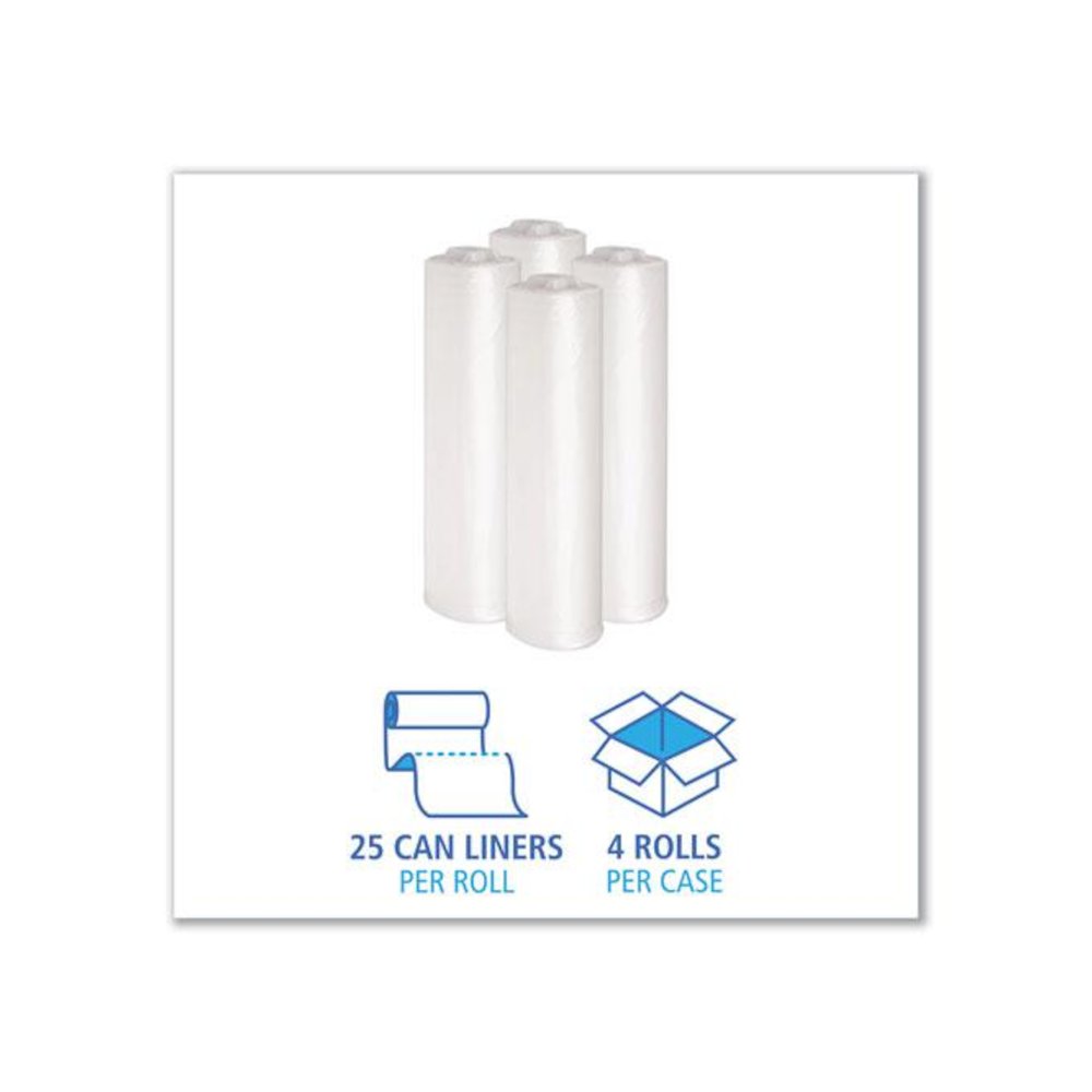 Recycled Low-Density Polyethylene Can Liners, 33 gal, 1.4 mil, 33" x 39", Clear, Perforated, 10 Bags/Roll, 10 Rolls/Carton. Picture 3