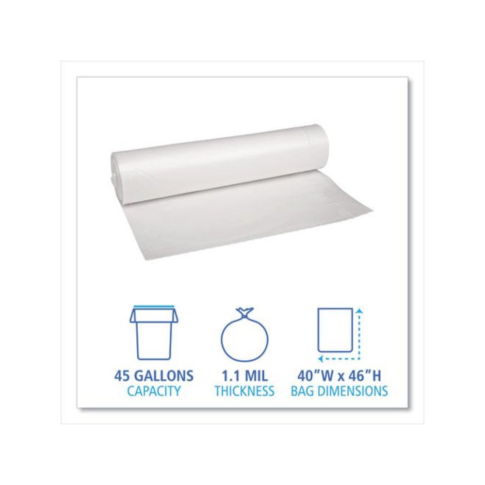 Recycled Low-Density Polyethylene Can Liners, 45 gal, 1.1 mil, 40" x 46", Clear, Perforated, 10 Bags/Roll, 10 Rolls/Carton. Picture 2