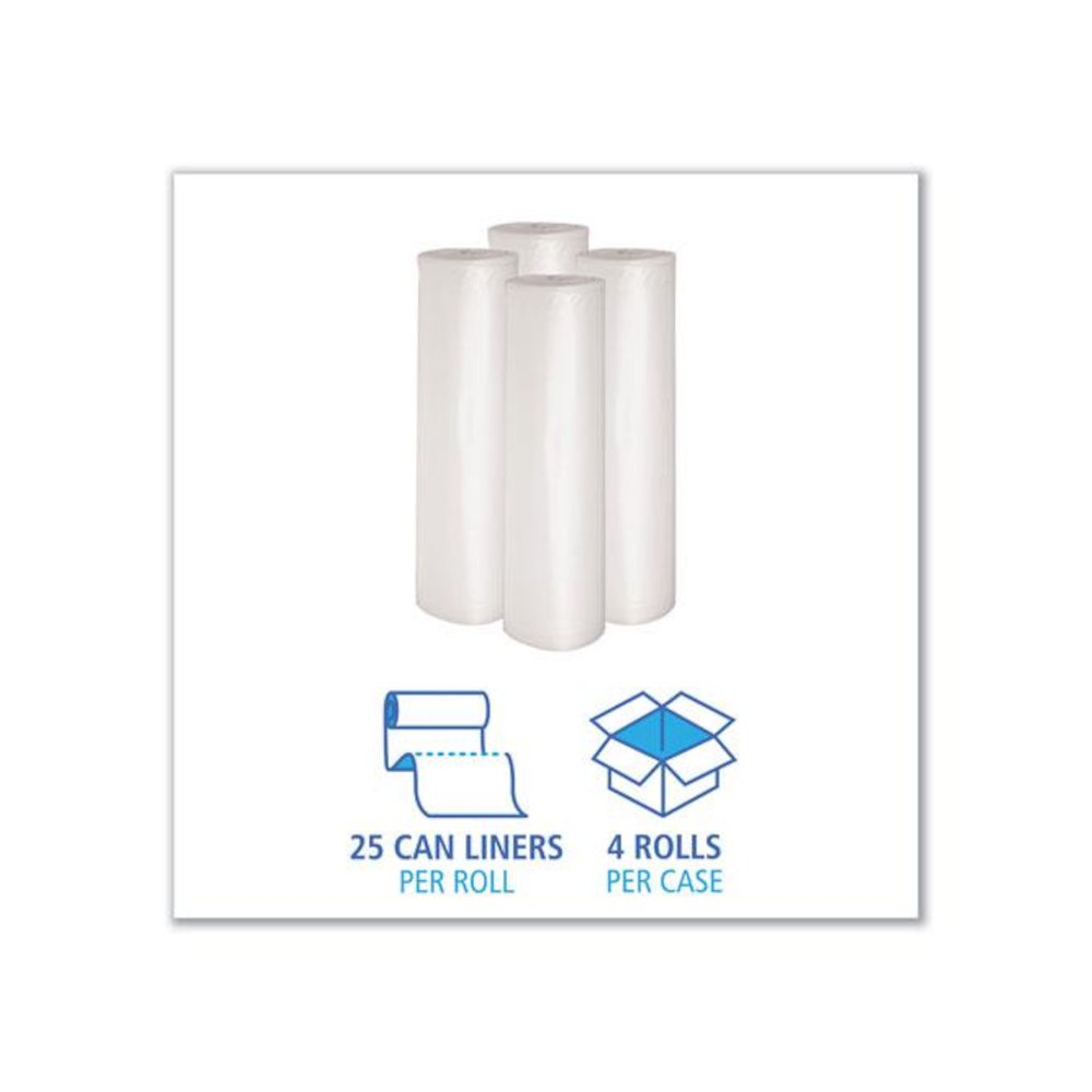 Recycled Low-Density Polyethylene Can Liners, 60 gal, 1.1 mil, 38" x 58", Clear, Perforated, 10 Bags/Roll, 10 Rolls/Carton. Picture 3