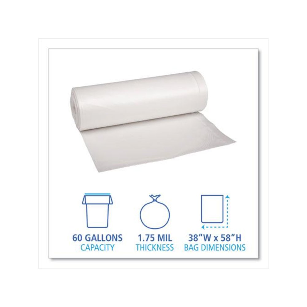 Recycled Low-Density Polyethylene Can Liners, 60 gal, 1.75 mil, 38" x 58", Clear, Perforated, 10 Bags/Roll, 10 Rolls/Carton. Picture 2