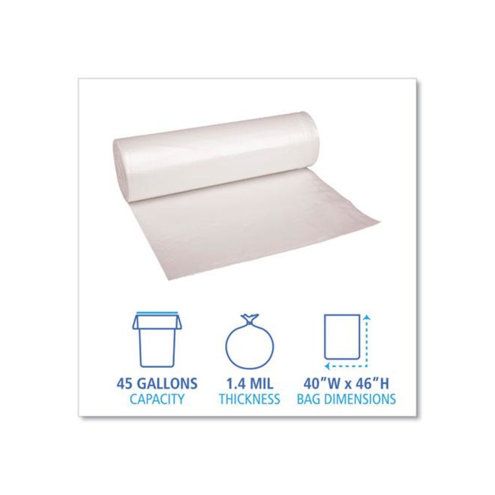 Recycled Low-Density Polyethylene Can Liners, 45 gal, 1.4 mil, 40" x 46", Clear, Perforated, 10 Bags/Roll, 10 Rolls/Carton. Picture 2