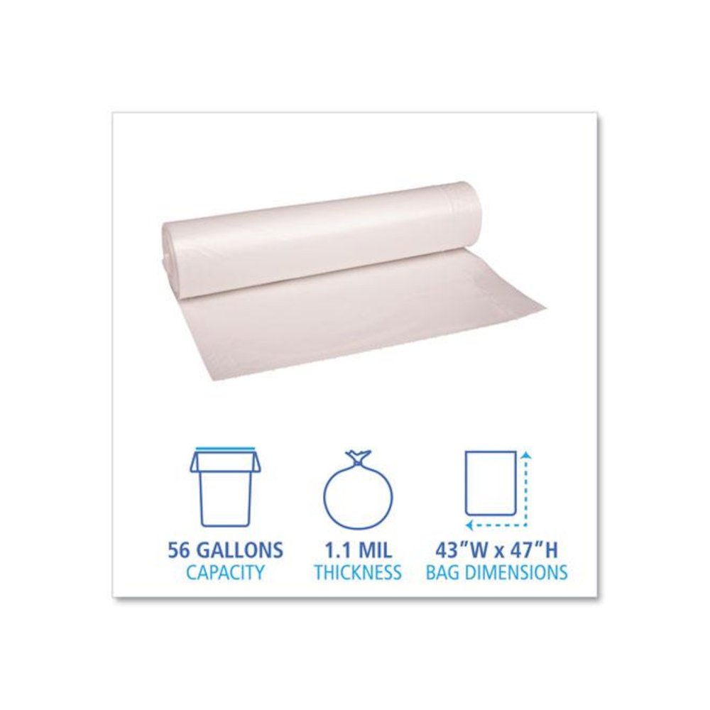 Recycled Low-Density Polyethylene Can Liners, 56 gal, 1.1 mil, 43" x 47", Clear, Perforated, 10 Bags/Roll, 10 Rolls/Carton. Picture 2
