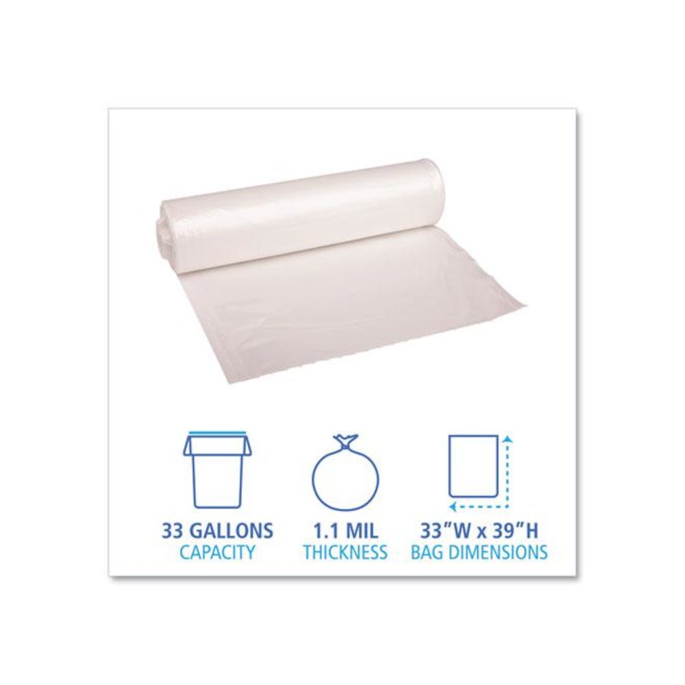 Recycled Low-Density Polyethylene Can Liners, 33 gal, 1.1 mil, 33" x 39", Clear, Perforated, 10 Bags/Roll, 10 Rolls/Carton. Picture 2