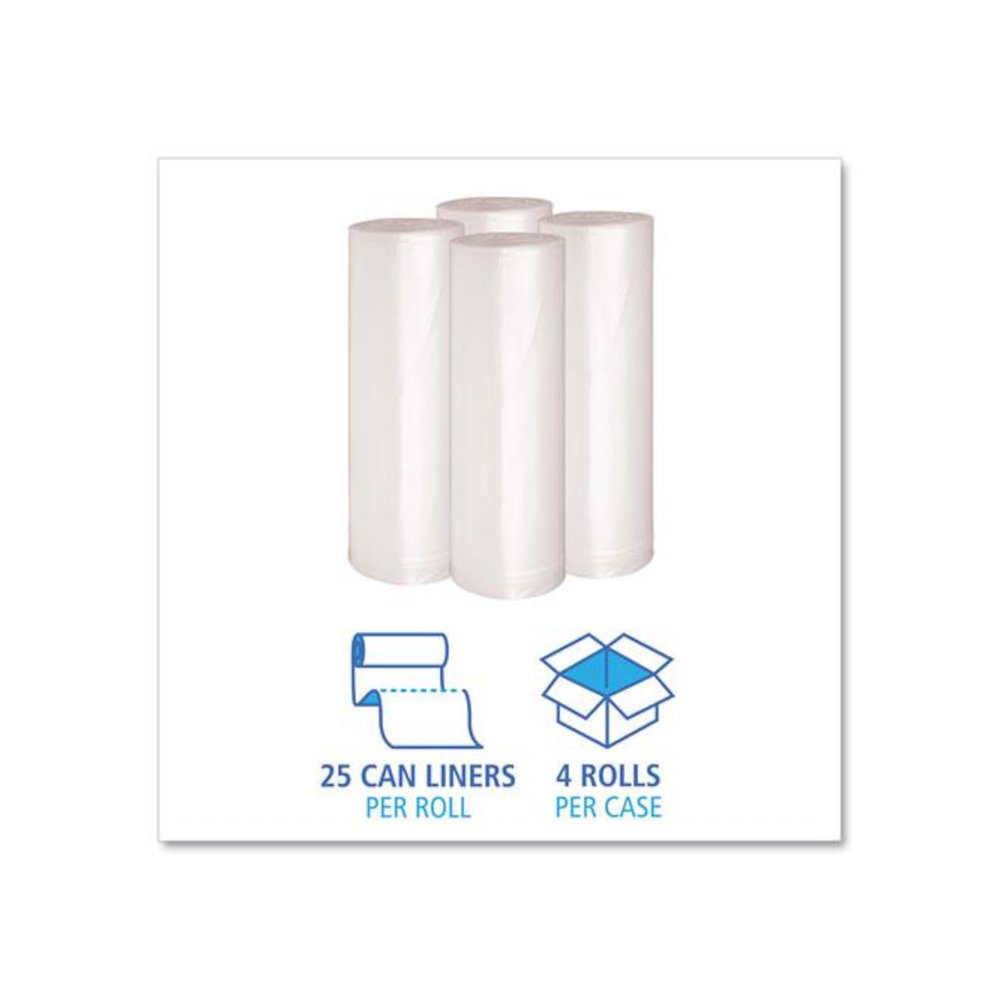 Recycled Low-Density Polyethylene Can Liners, 60 gal, 1.4 mil, 38" x 58", Clear, Perforated, 10 Bags/Roll, 10 Rolls/Carton. Picture 3