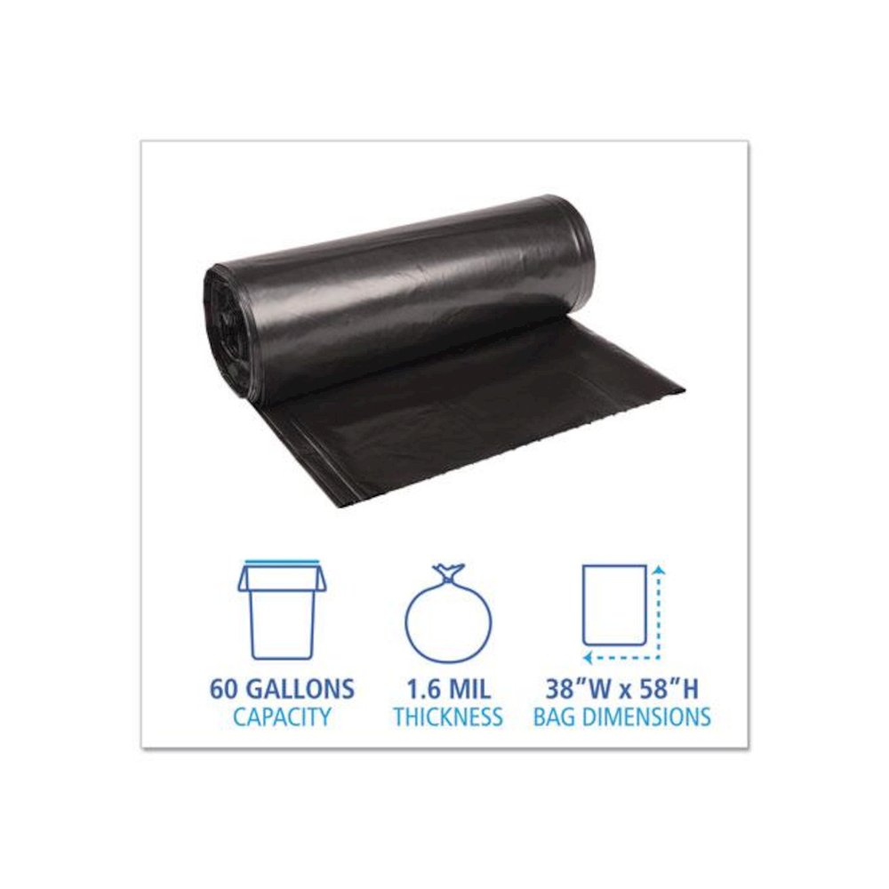 Recycled Low-Density Polyethylene Can Liners, 60 gal, 1.6 mil, 38" x 58", Black, Perforated, 10 Bags/Roll, 10 Rolls/Carton. Picture 2