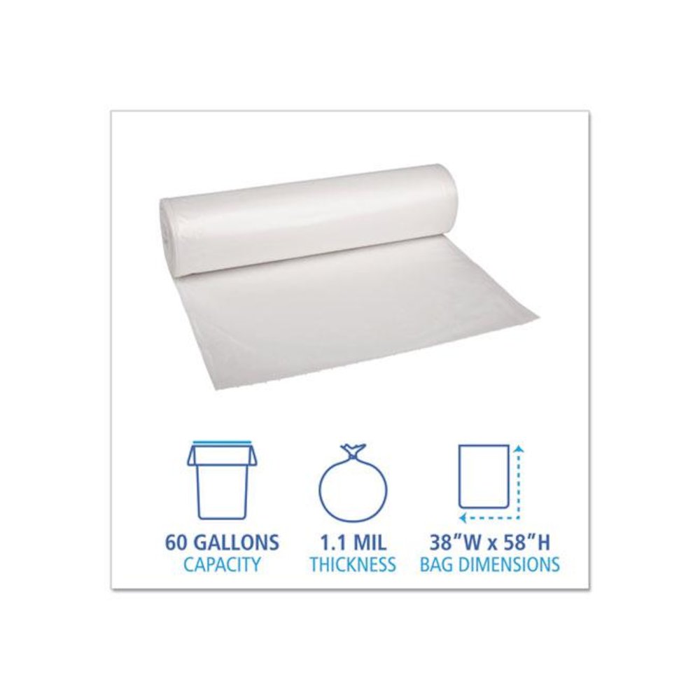 Recycled Low-Density Polyethylene Can Liners, 60 gal, 1.1 mil, 38" x 58", Clear, Perforated, 10 Bags/Roll, 10 Rolls/Carton. Picture 2