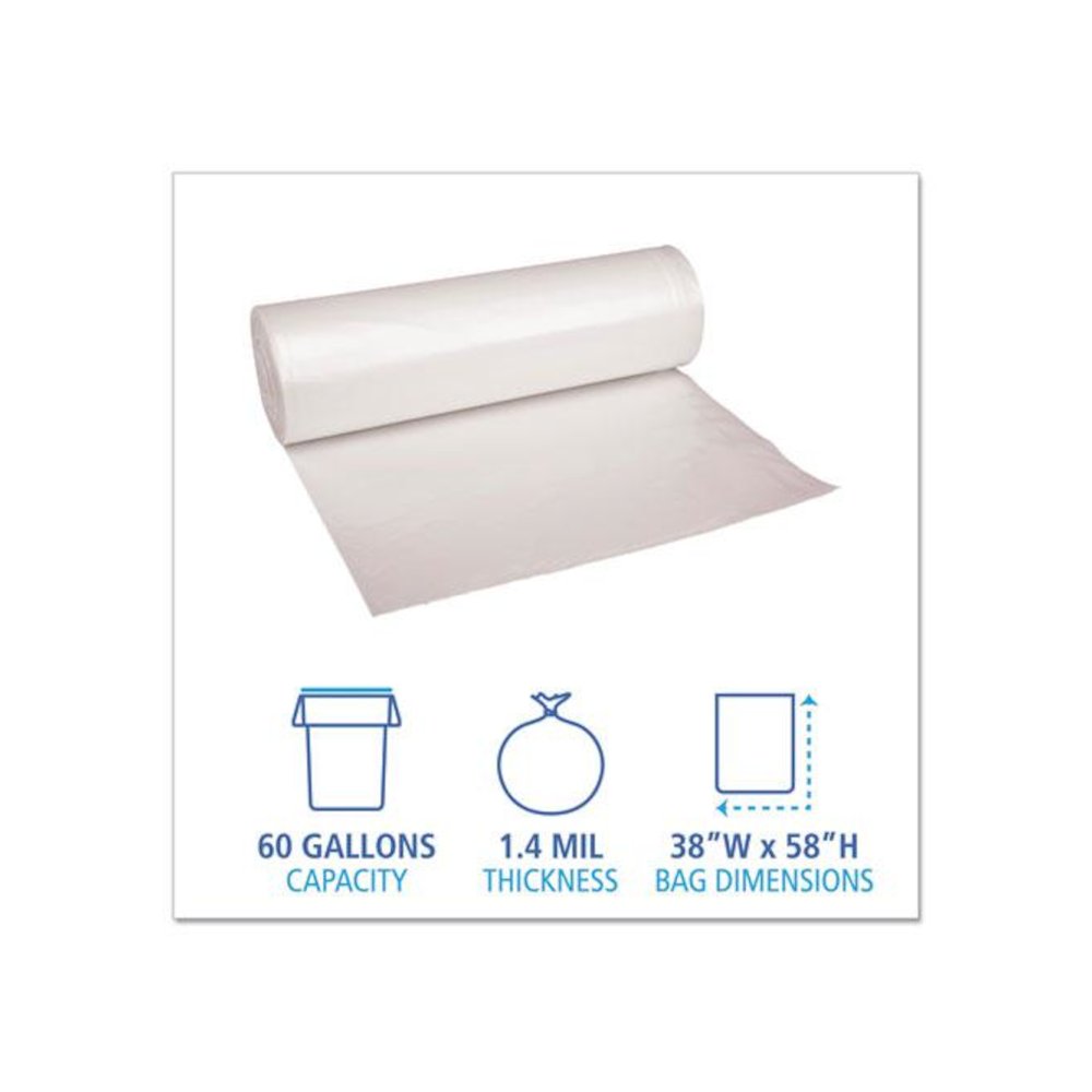 Recycled Low-Density Polyethylene Can Liners, 60 gal, 1.4 mil, 38" x 58", Clear, Perforated, 10 Bags/Roll, 10 Rolls/Carton. Picture 2