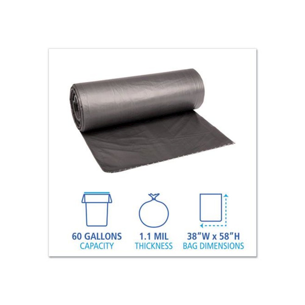 Low-Density Waste Can Liners, 60 gal, 1.1 mil, 38" x 58", Gray, Perforated Roll, 20 Bags/Roll, 5 Rolls/Carton. Picture 2