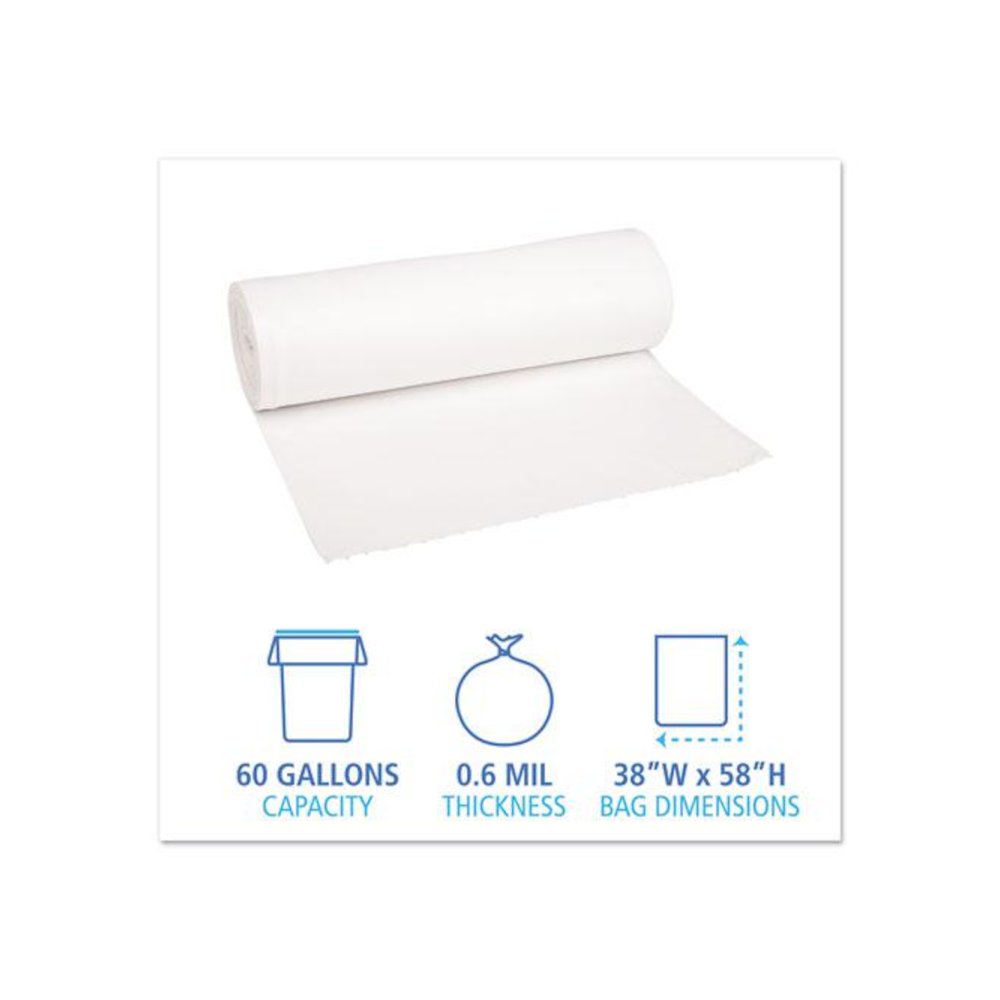 Low-Density Waste Can Liners, 60 gal, 0.6 mil, 38" x 58", White, Perforated Roll, 25 Bags/Roll, 4 Rolls/Carton. Picture 2