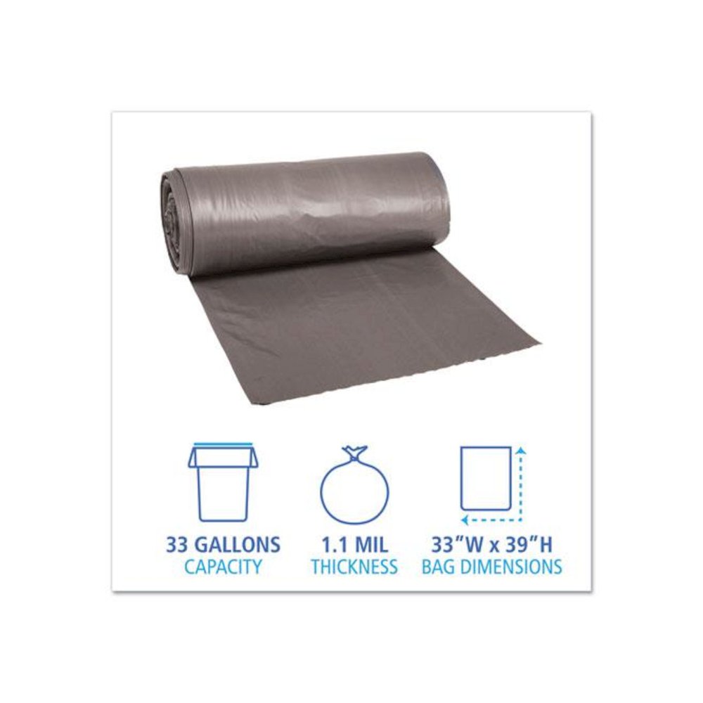 Low-Density Waste Can Liners, 33 gal, 1.1 mil, 33" x 39", Gray, Perforated Roll, 25 Bags/Roll, 4 Rolls/Carton. Picture 2