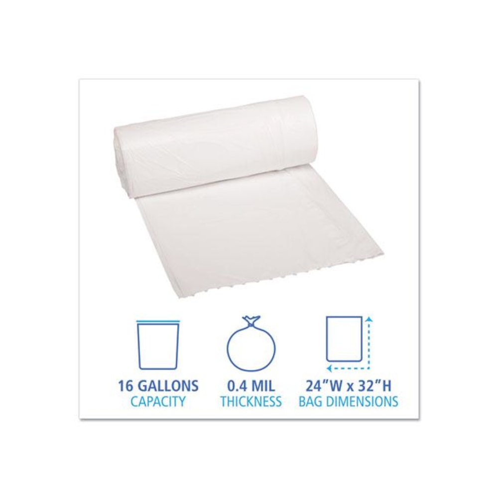 Low-Density Waste Can Liners, 16 gal, 0.4 mil, 24" x 32", White, Perforated Roll, 25 Bags/Roll, 20 Rolls/Carton. Picture 2