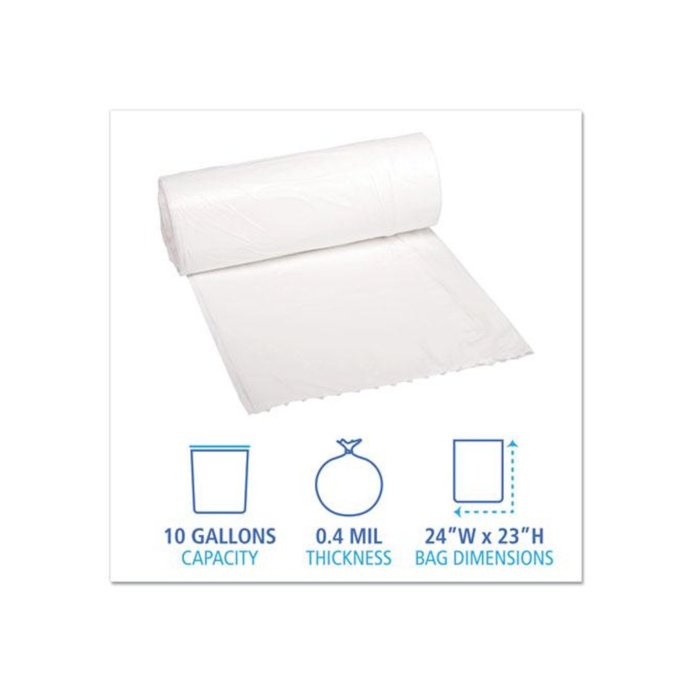 Low-Density Waste Can Liners, 10 gal, 0.4 mil, 24" x 23", White, Perforated Roll, 25 Bags/Roll, 20 Rolls/Carton. Picture 2