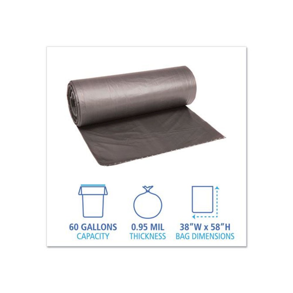 Low-Density Waste Can Liners, 60 gal, 0.95 mil, 38" x 58", Gray, Perforated Roll, 25 Bags/Roll, 4 Rolls/Carton. Picture 2