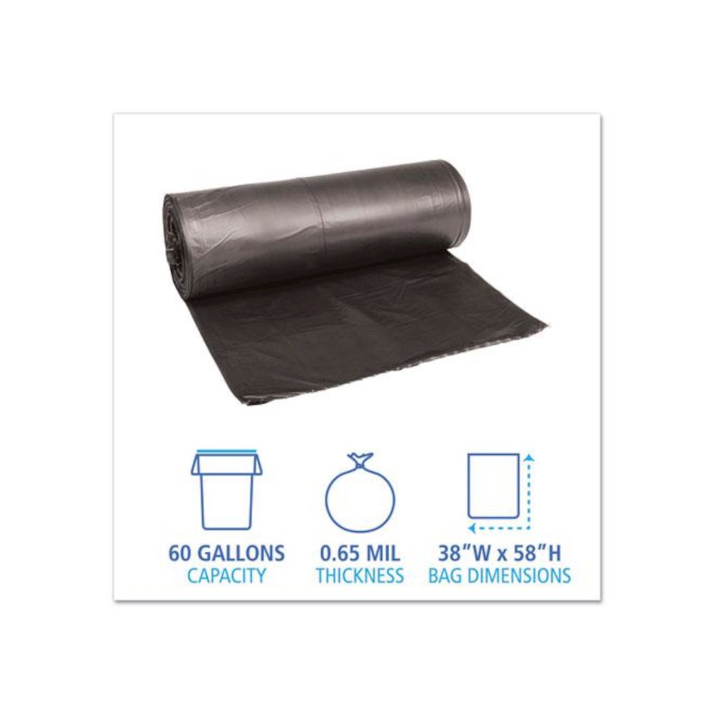 Low-Density Waste Can Liners, 60 gal, 0.65 mil, 38" x 58", Black, Perforated Roll, 25 Bags/Roll, 4 Rolls/Carton. Picture 2