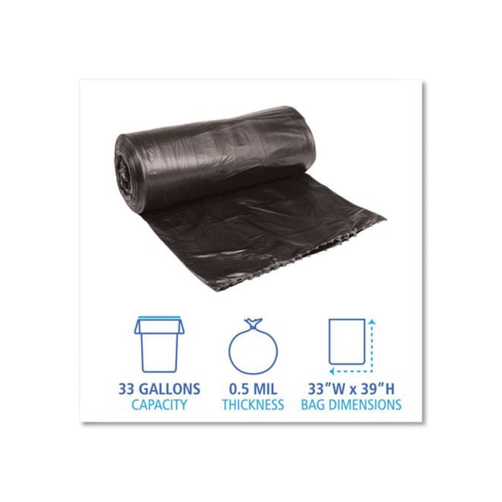 Low-Density Waste Can Liners, 33 gal, 0.5 mil, 33" x 39", Black, Perforated Roll, 25 Bags/Roll, 8 Rolls/Carton. Picture 2