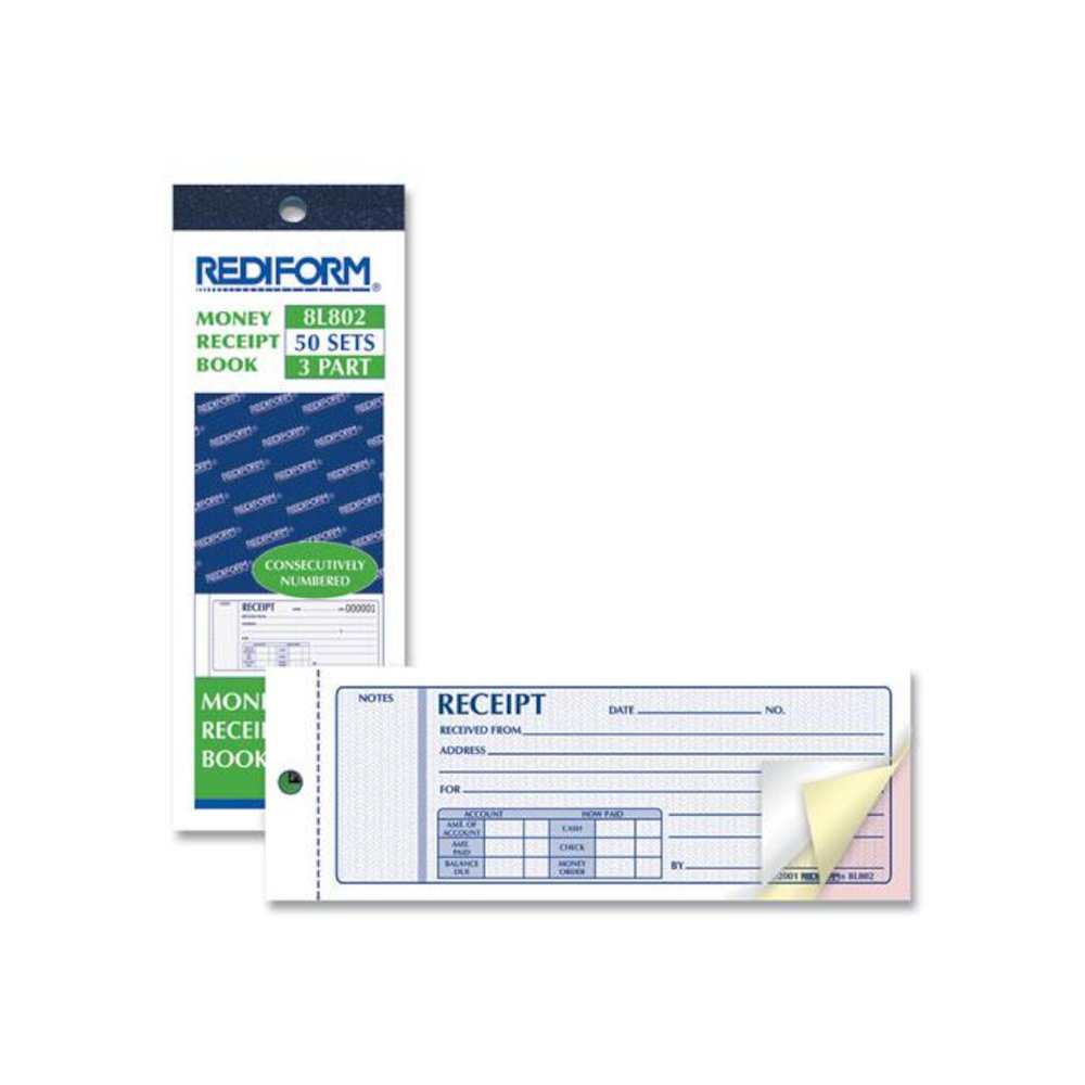 Receipt Book, Three-Part Carbonless, 7 x 2.75, 4 Forms/Sheet, 50 Forms Total. Picture 3