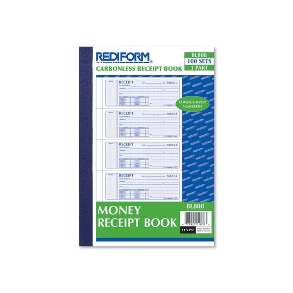Money Receipt Book, Softcover, Three-Part Carbonless, 7 x 2.75, 4 Forms/Sheet, 100 Forms Total. Picture 2