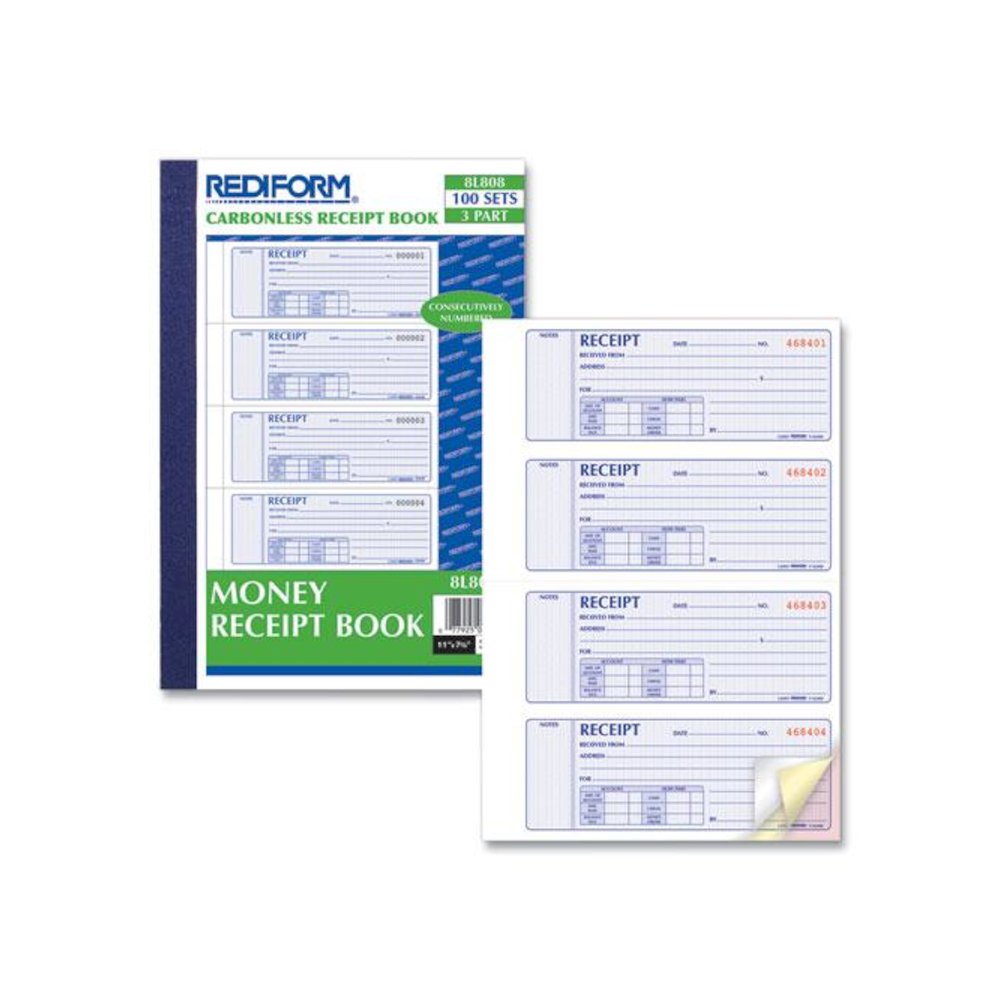 Money Receipt Book, Softcover, Three-Part Carbonless, 7 x 2.75, 4 Forms/Sheet, 100 Forms Total. Picture 3