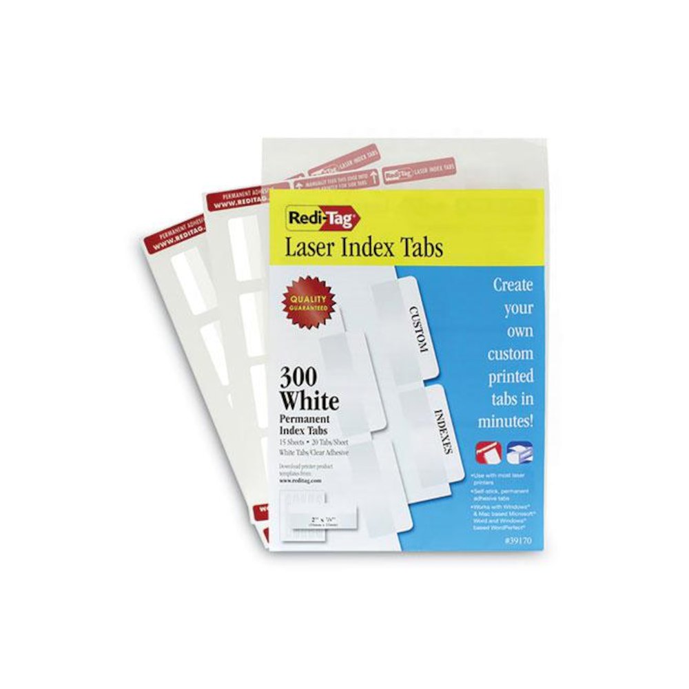 Laser Printable Index Tabs, 1/5-Cut, White, 2" Wide, 300/Pack. Picture 2