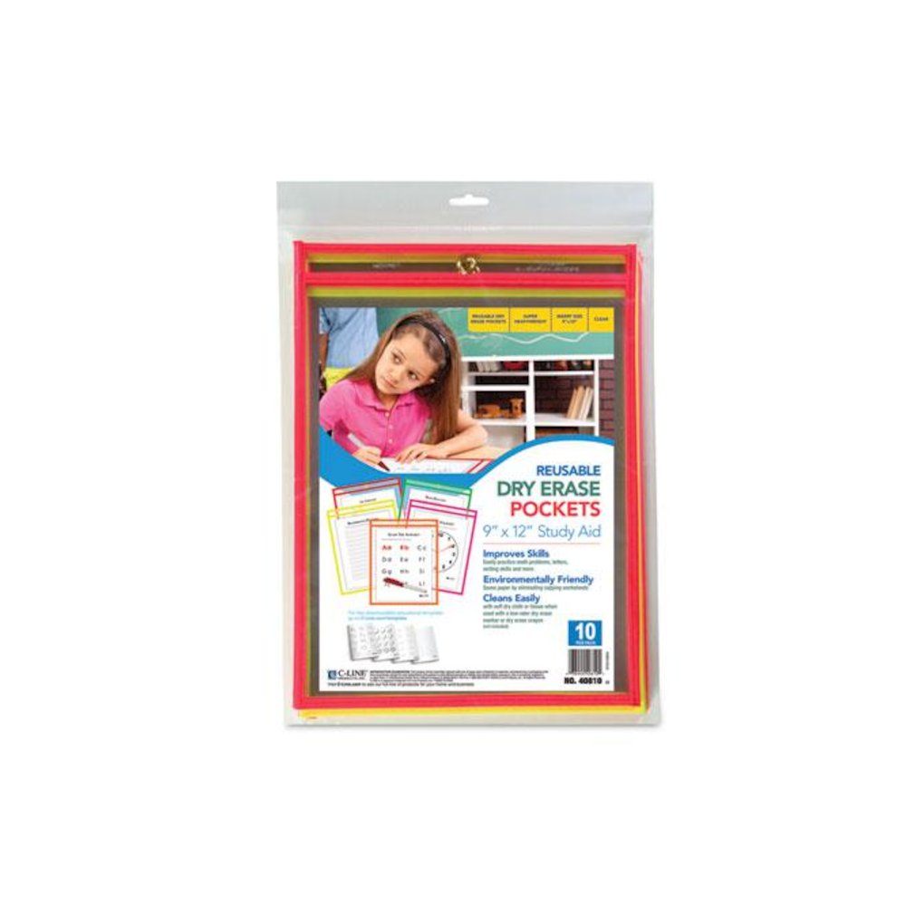 Reusable Dry Erase Pockets, Super Heavy-Duty, Top Load 9 x 12 Insert, Clear Front, Assorted Neon Border, 10/Pack. Picture 4