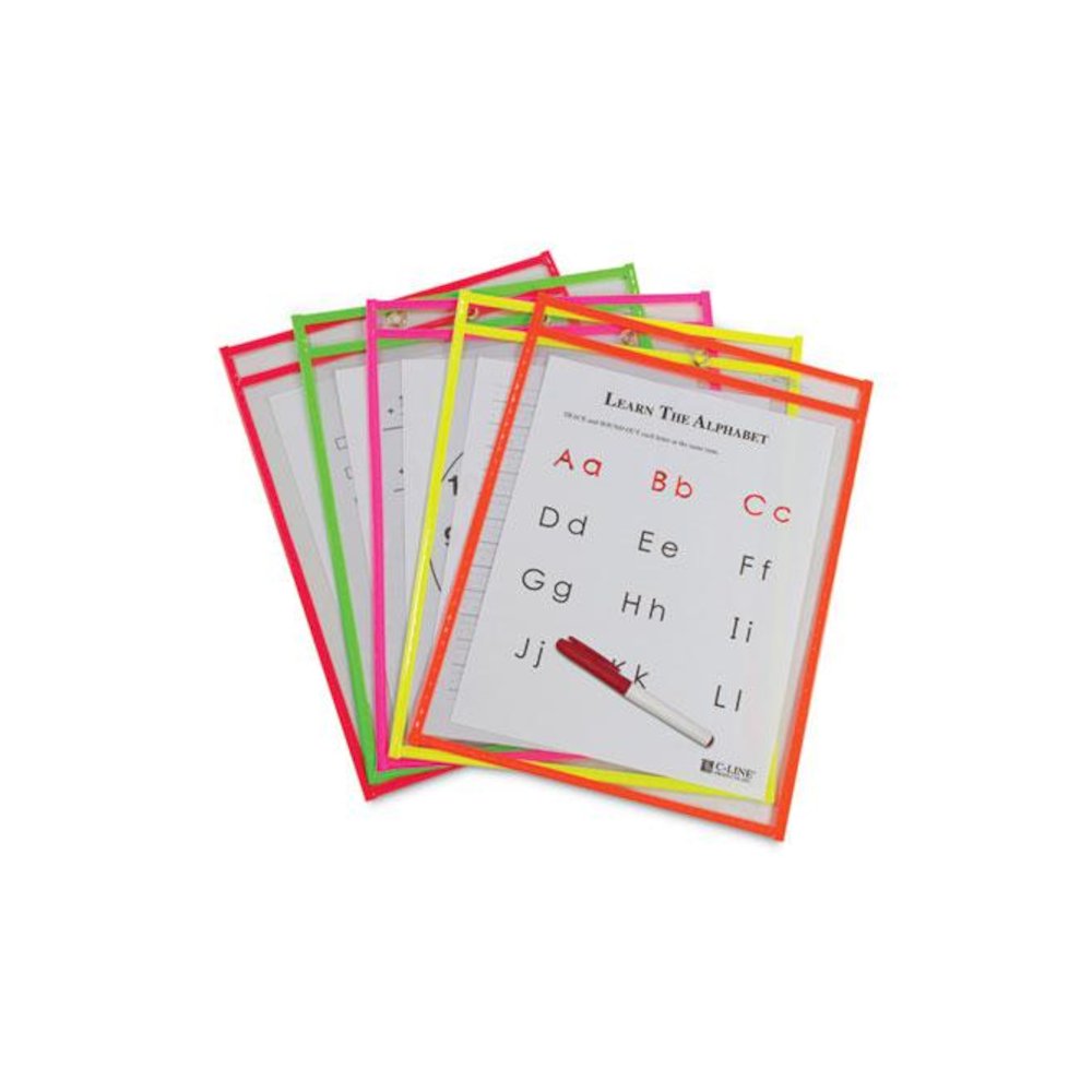 Reusable Dry Erase Pockets, Super Heavy-Duty, Top Load 9 x 12 Insert, Clear Front, Assorted Neon Border, 10/Pack. Picture 1