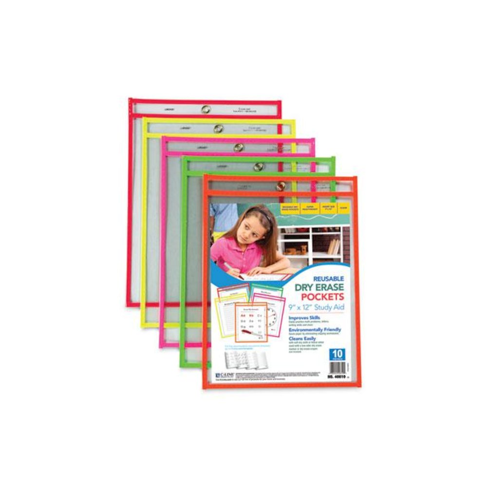Reusable Dry Erase Pockets, Super Heavy-Duty, Top Load 9 x 12 Insert, Clear Front, Assorted Neon Border, 10/Pack. Picture 3