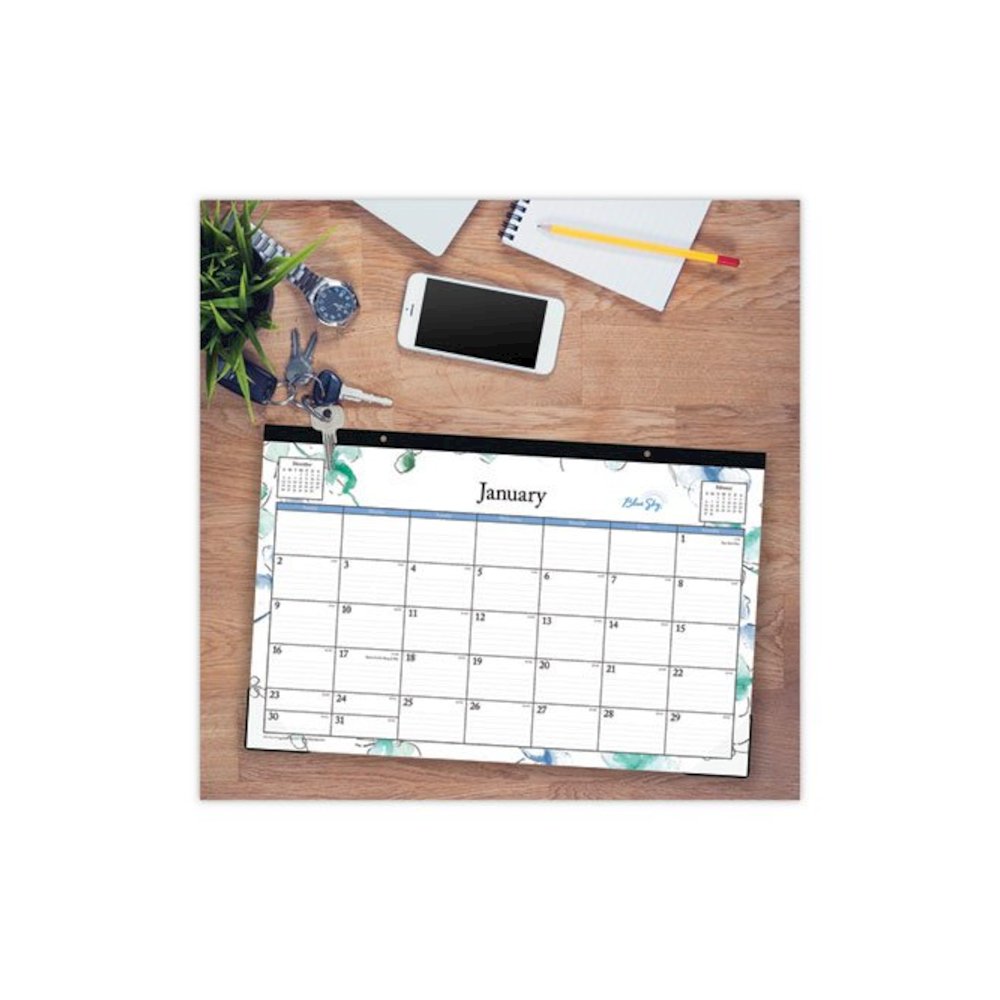 Lindley Desk Pad, Floral Artwork, 17 x 11, White/Blue/Green Sheets, Black Binding, Clear Corners, 12-Month (Jan to Dec): 2026. Picture 3