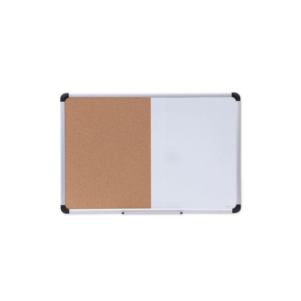 Combination Dry Erase/Bulletin Board, 36" x 24", Tan/White Surface, Black/Satin Aluminum Frame. Picture 1