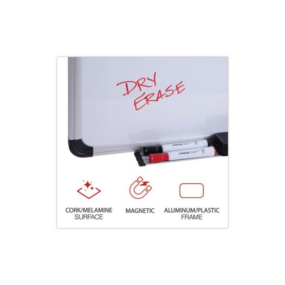 Combination Dry Erase/Bulletin Board, 36" x 24", Tan/White Surface, Black/Satin Aluminum Frame. Picture 2