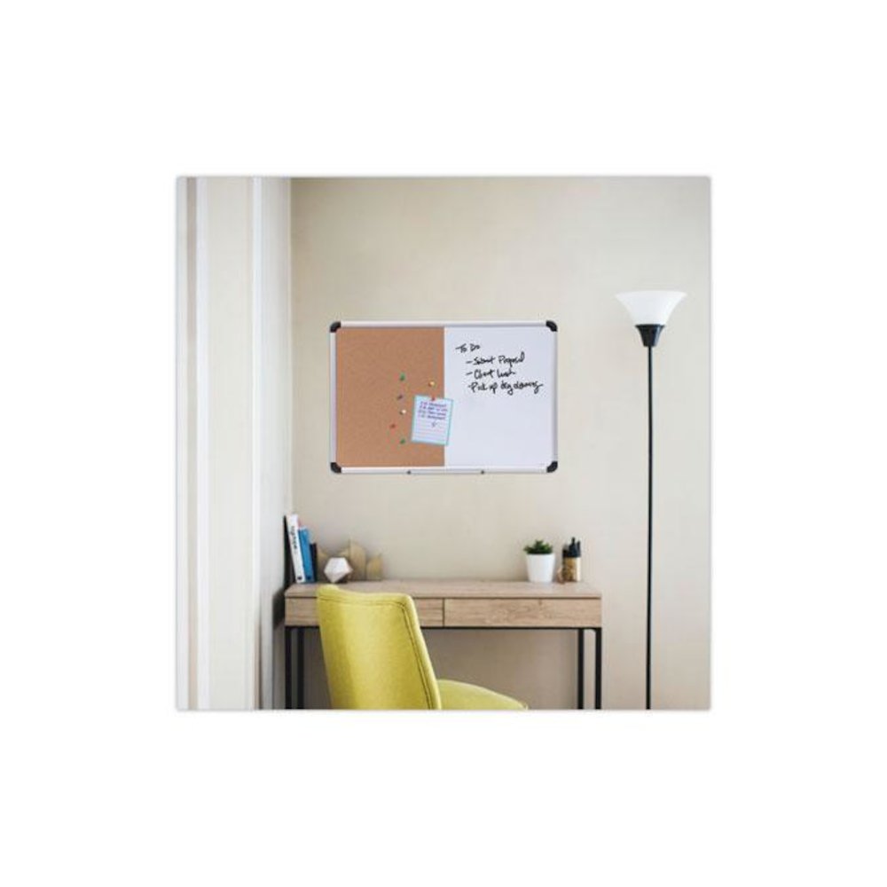 Combination Dry Erase/Bulletin Board, 36" x 24", Tan/White Surface, Black/Satin Aluminum Frame. Picture 7