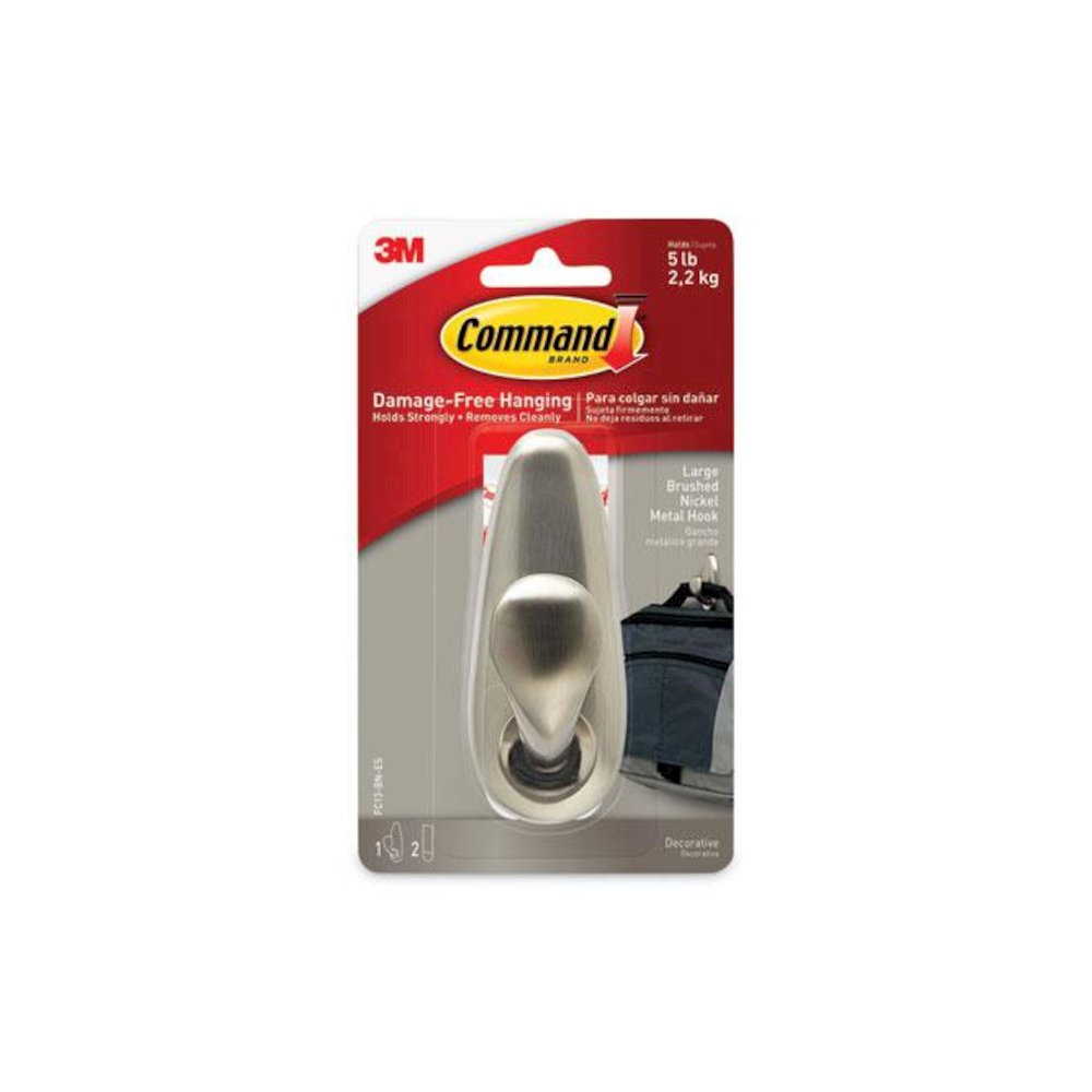 Adhesive Mount Metal Hook, Large, Brushed Nickel Finish, 5 lb Capacity, 1 Hook and 2 Strips/Pack. Picture 2