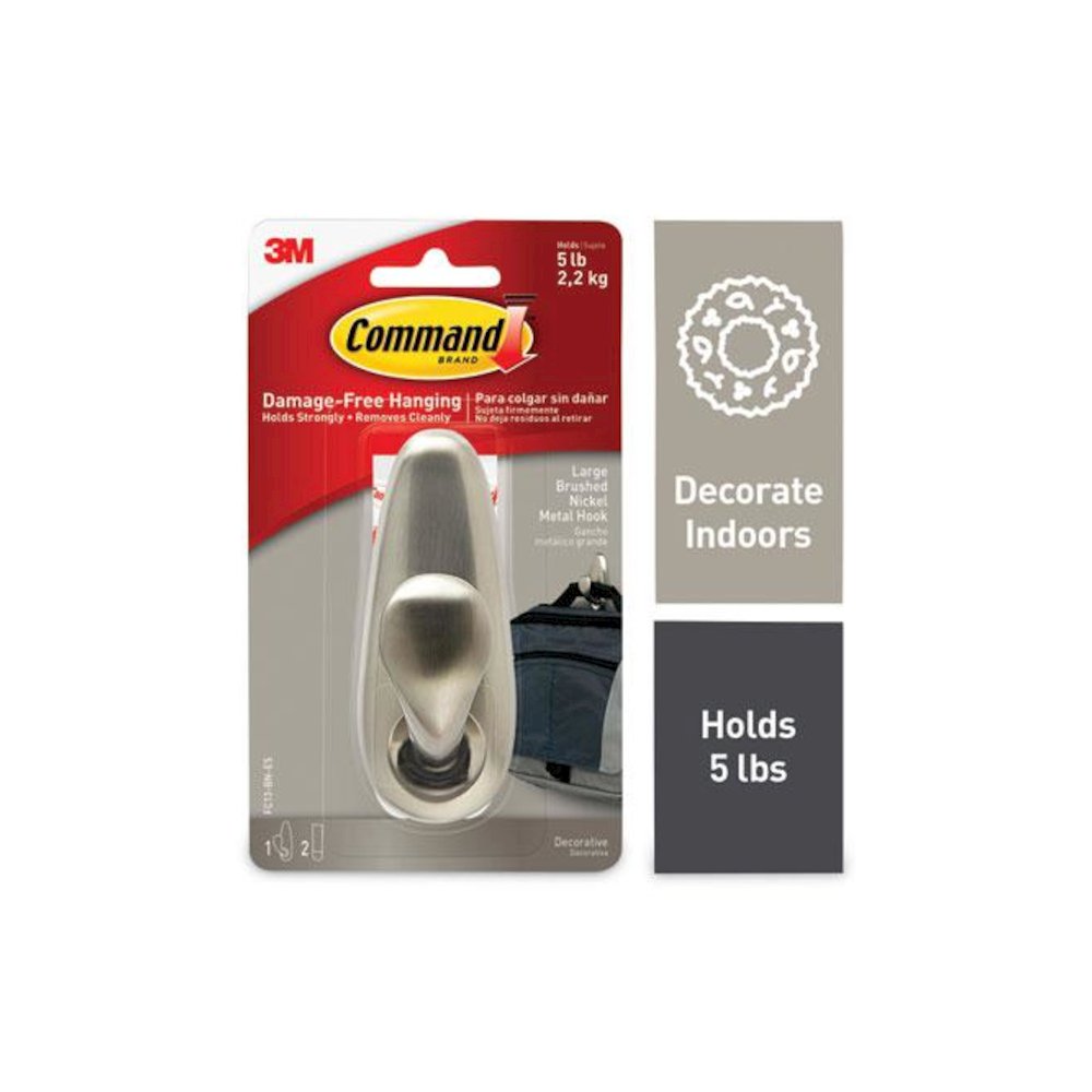 Adhesive Mount Metal Hook, Large, Brushed Nickel Finish, 5 lb Capacity, 1 Hook and 2 Strips/Pack. Picture 1